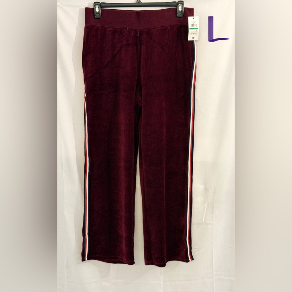 Tommy Hilfiger Maroon Velvet Track Pants with Side Stripe
